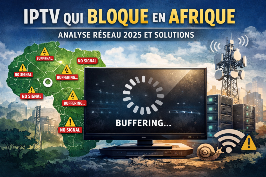 Illustration montrant une télévision en buffering et les problèmes de réseau IPTV en Afrique 