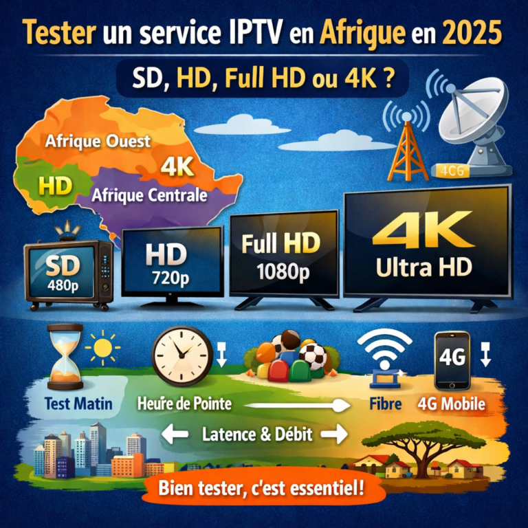 Illustration montrant la qualité IPTV en Afrique selon les résolutions SD, HD, Full HD et 4K