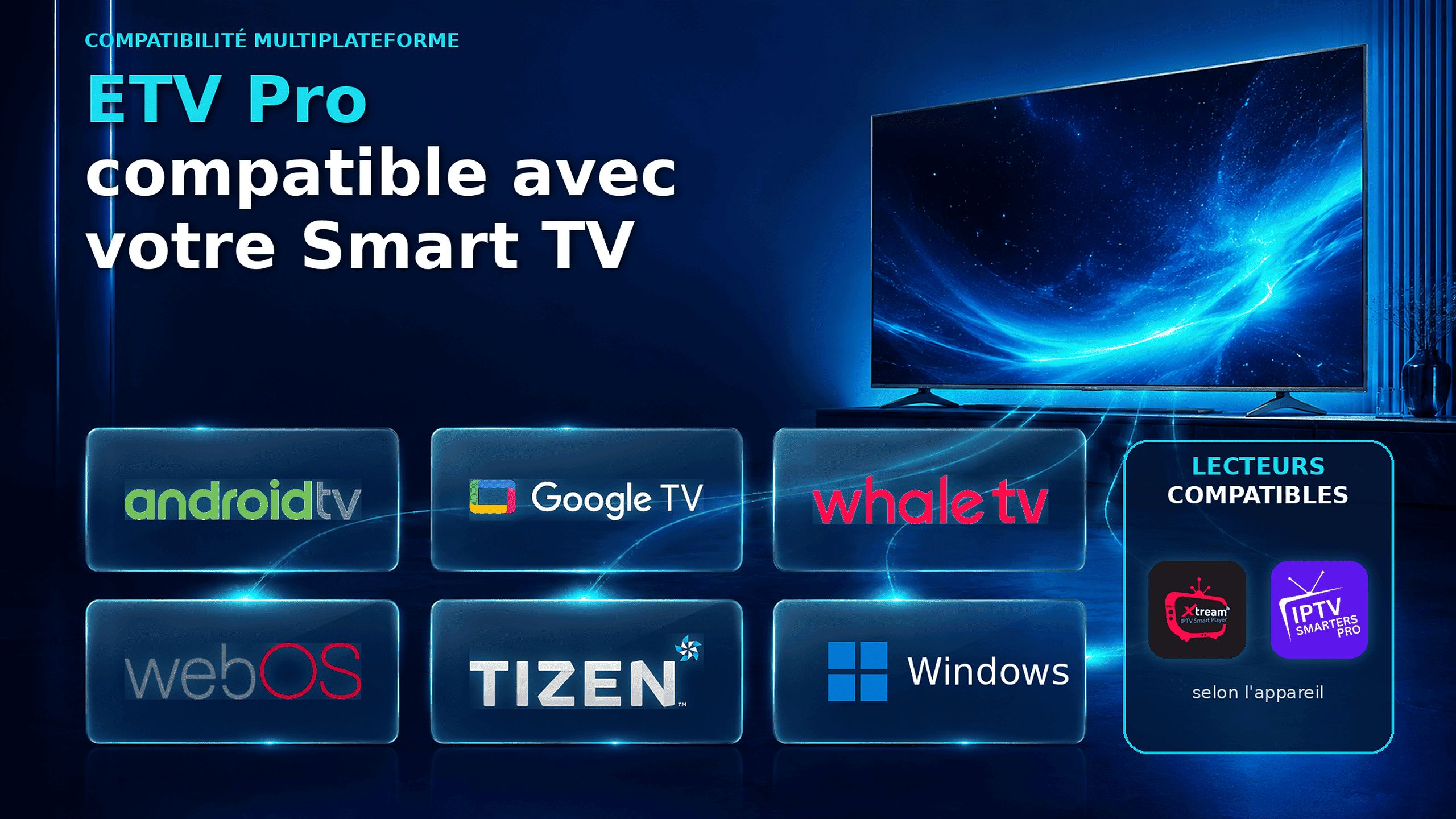 Compatibilité ETV Pro avec Android TV, Google TV, Whale TV, webOS, Tizen, Windows et lecteurs IPTV
